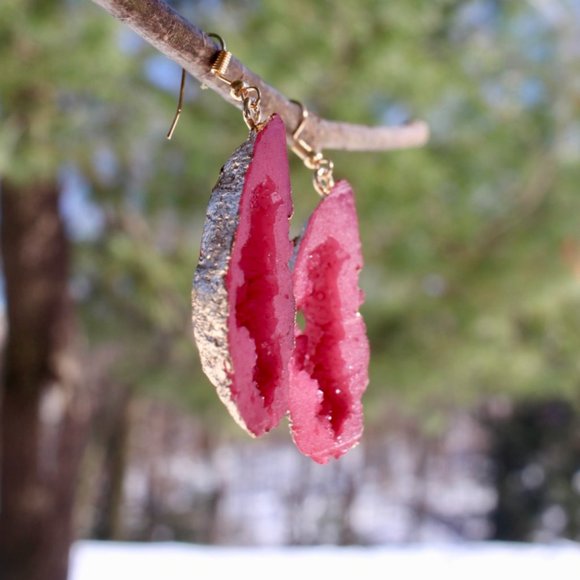 14K Gold Geode Resin Stone Drop Teardrop Earrings - Picture 7 of 9
